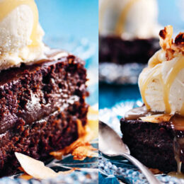 Mexikansk brownie med anchochili, kokoskolasås och kokosbacon